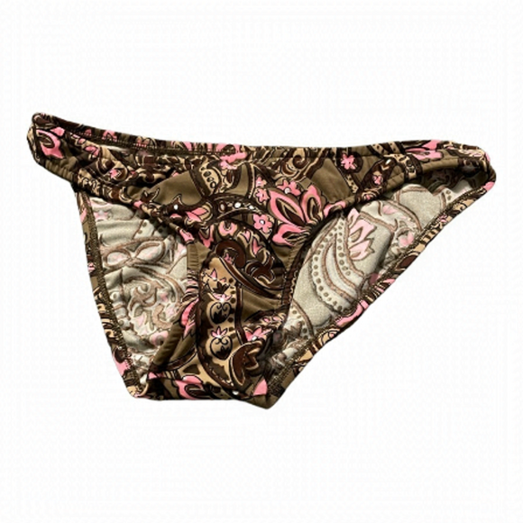 VENUS Mid Rise Brown With Pink Floral Print Bikini Bottoms Size 2 - Picture 1 of 2